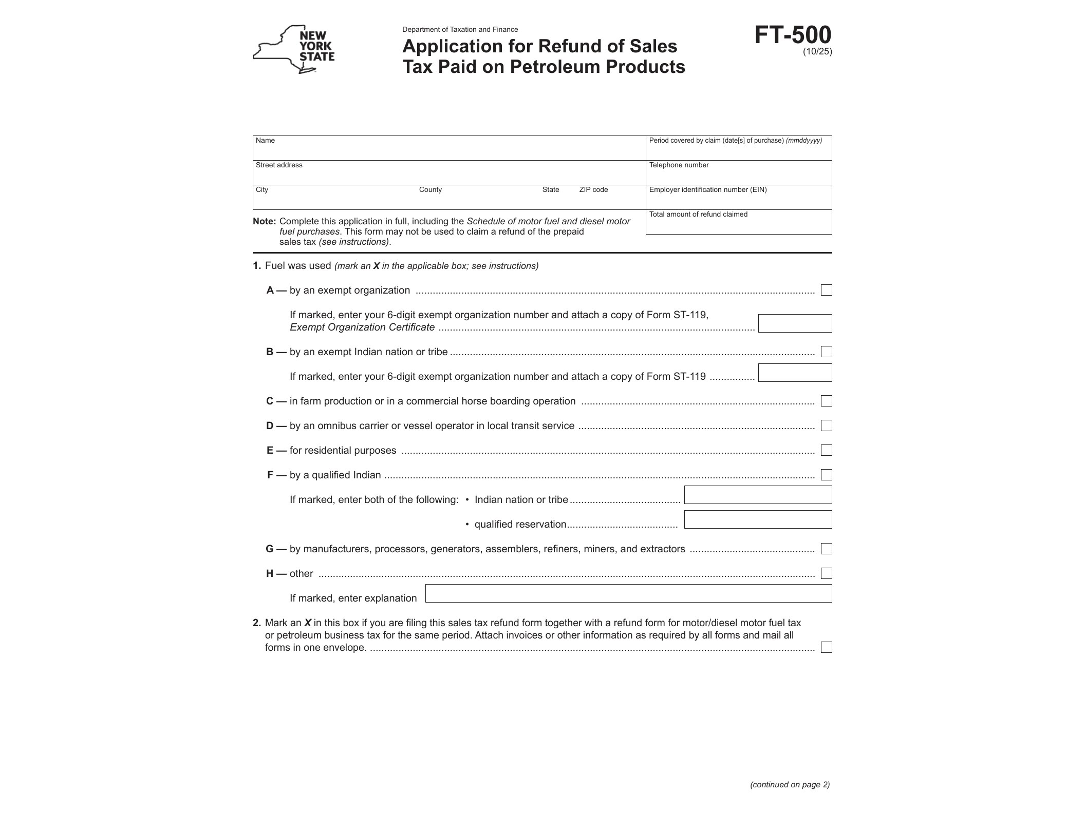 FT500 Application for Refund of Sales Tax Paid on Petroleum Products Revised 10/25 - official form preview, page 1