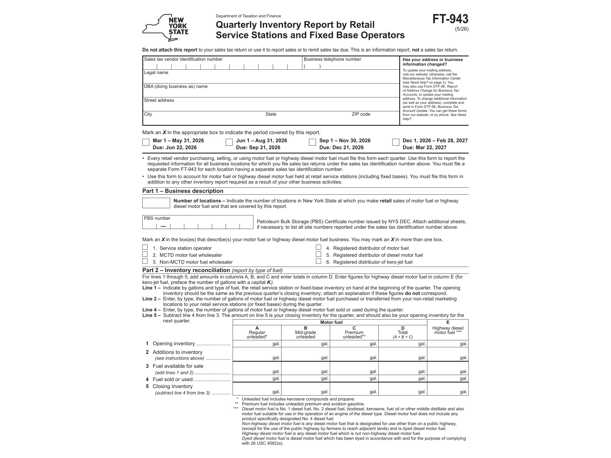 FT943 Form FT-943 Quarterly Inventory Report by Retail Service Stations and Fixed Base Operators Revised 5/26 - official form preview, page 1