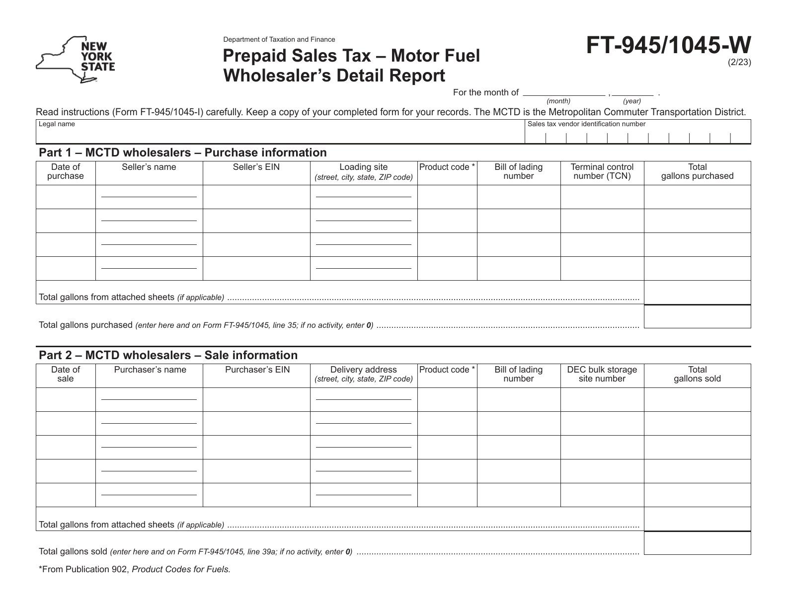FT945 Form FT-945/1045-W Prepaid Sales Tax - Motor fuel Wholesaler's Detail Report Revised 2/23 - official form preview, page 1