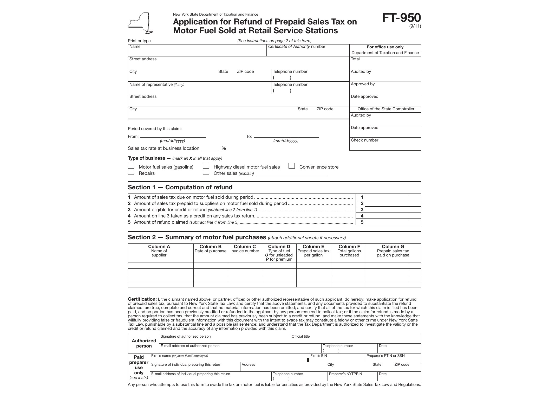 FT950 Form FT-950:9/11: Application for Refund of Prepaid Sales Tax on Motor Fuel Sold at Retail Service Stations, ft950 - official form preview, page 1