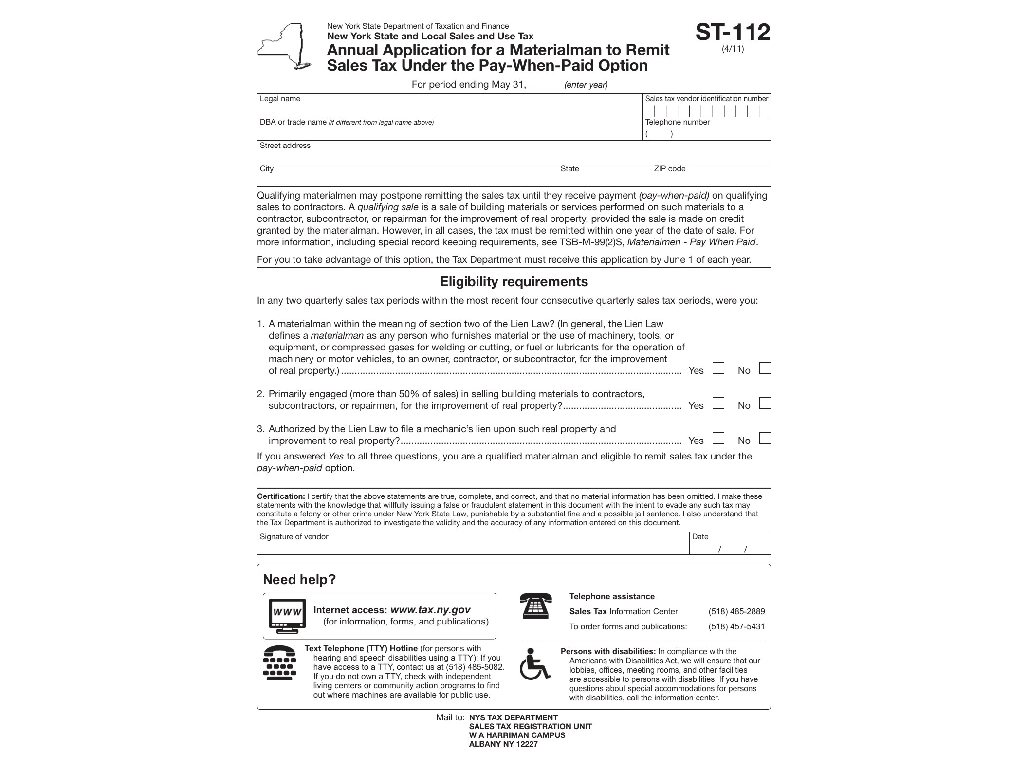 ST112 Form ST-112:4/11: Annual Application for a Materialman to Remit Sales Tax Under the Pay-When-Paid Option, st112 - official form preview, page 1