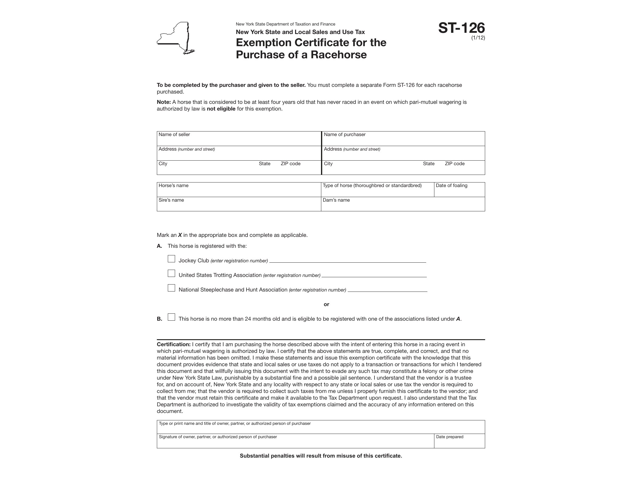 ST126 Form ST-126:1/12: Exemption Certificate for the Purchase of a Racehorse, st126 - official form preview, page 1