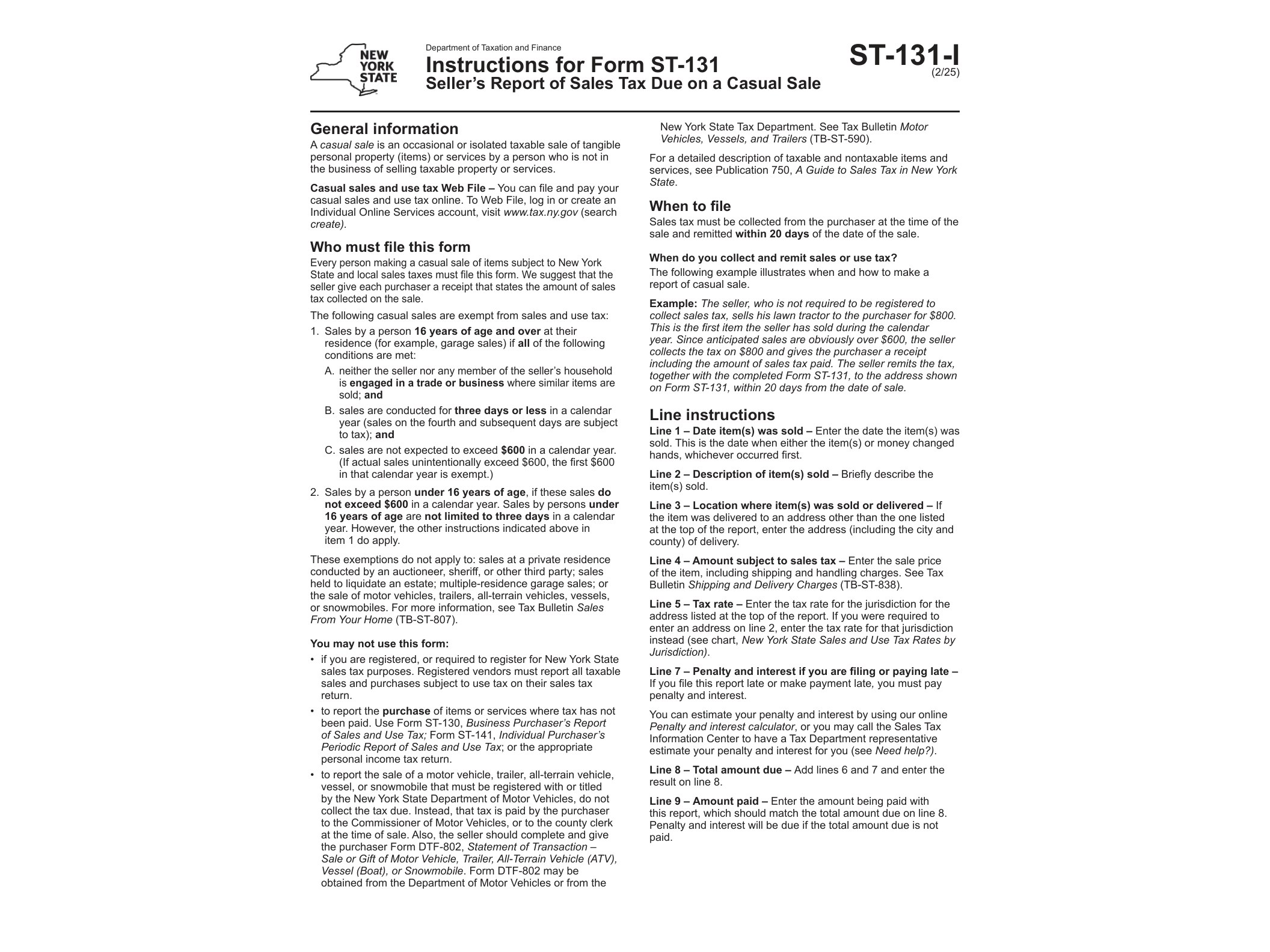 ST131I Instructions for Form ST-131 Seller's Report of Sales Tax Due on a Casual Sale Revised 2/25 - official form preview, page 1
