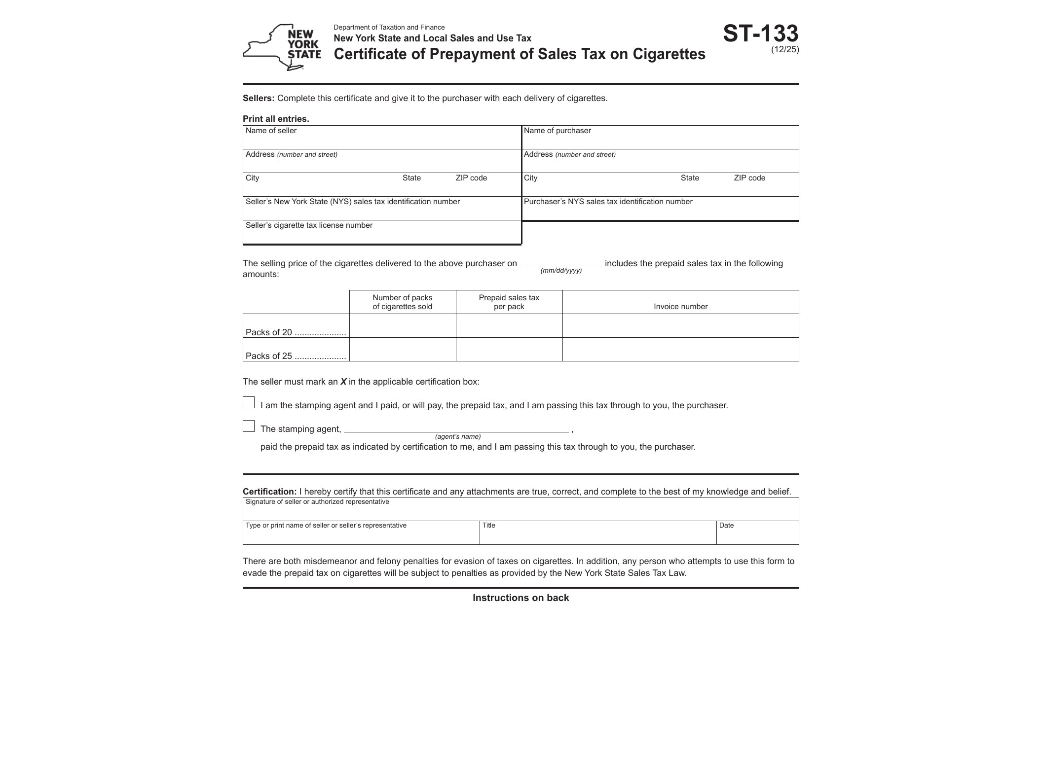 ST133 Form ST-133 Certificate of Prepayment of Sales Tax on Cigarettes Revised 12/25 - official form preview, page 1