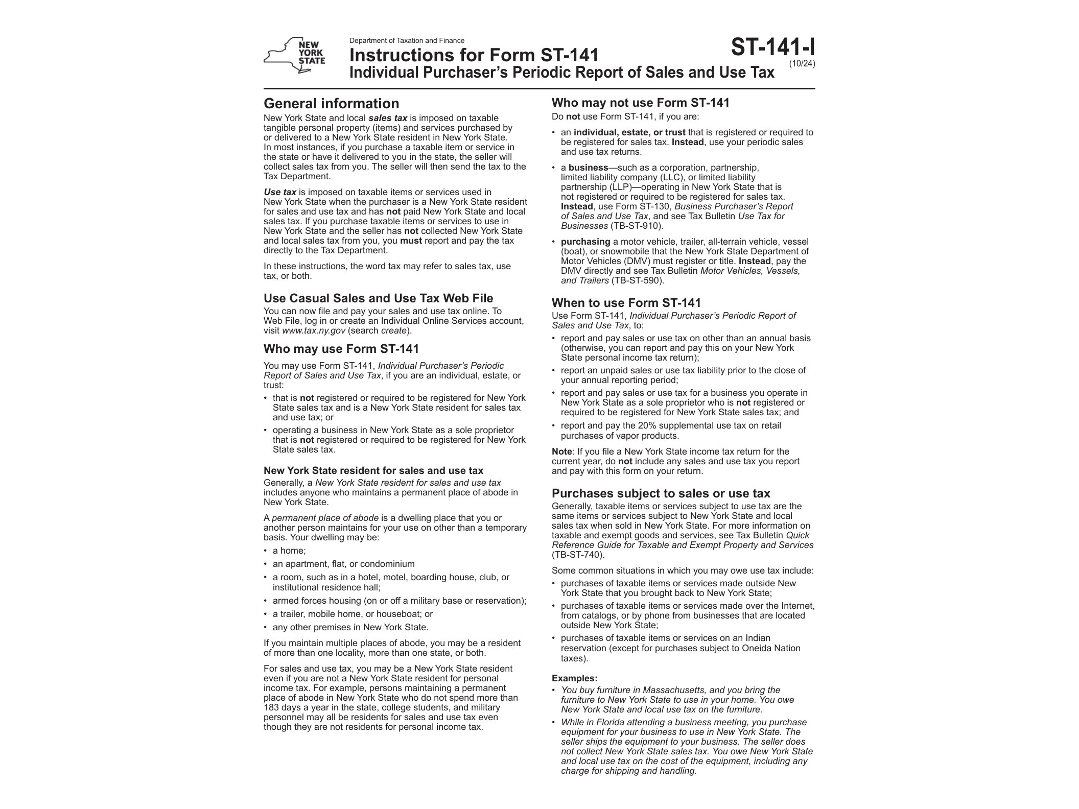 ST141I Instructions for Form ST-141 Individual Purchaser’s Periodic Report of Sales and Use Tax Revised 10/24 - official form preview, page 1