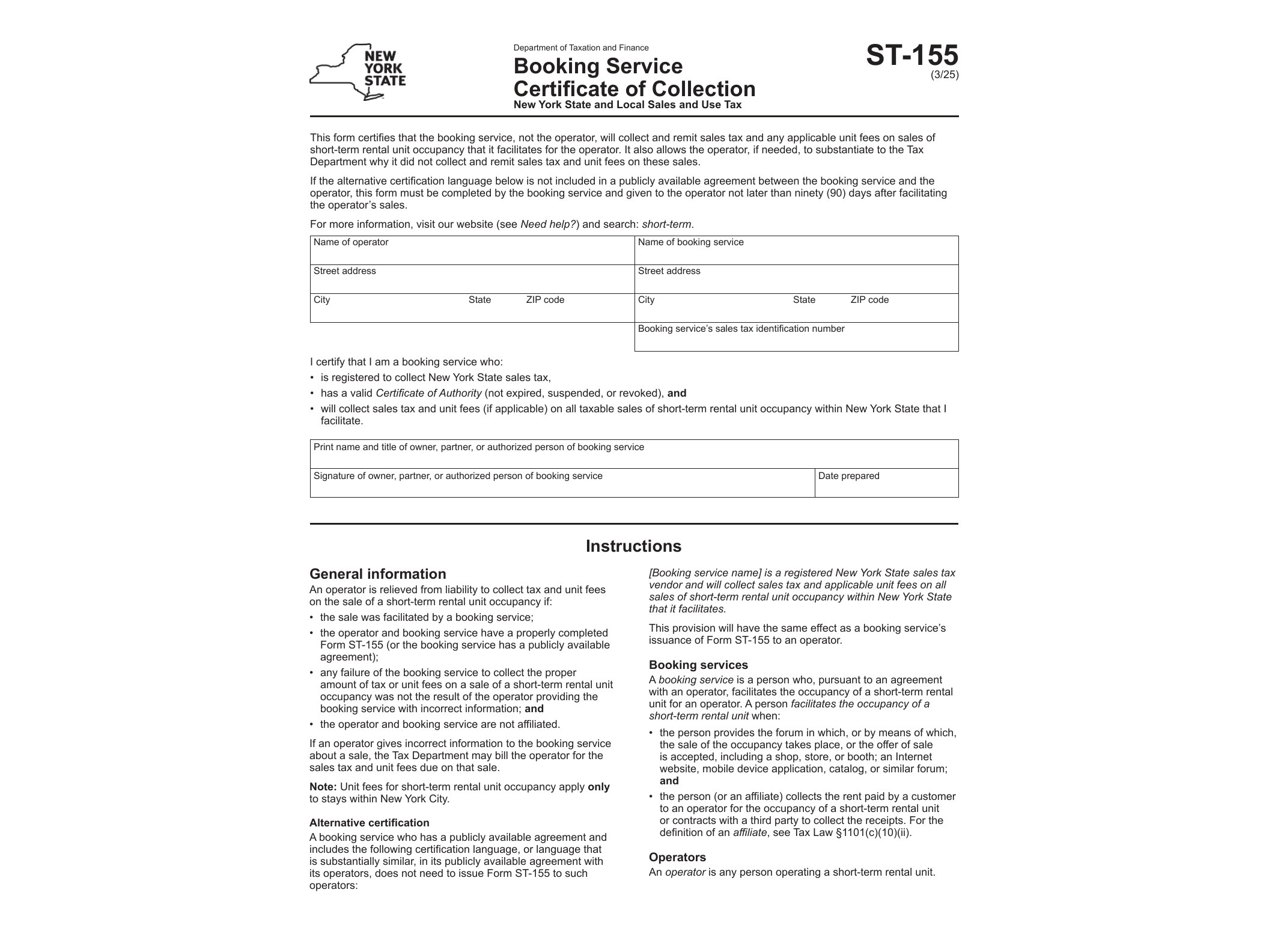 ST155 Form ST-155 Booking Service Certificate of Collection Revised 3/25 - official form preview, page 1