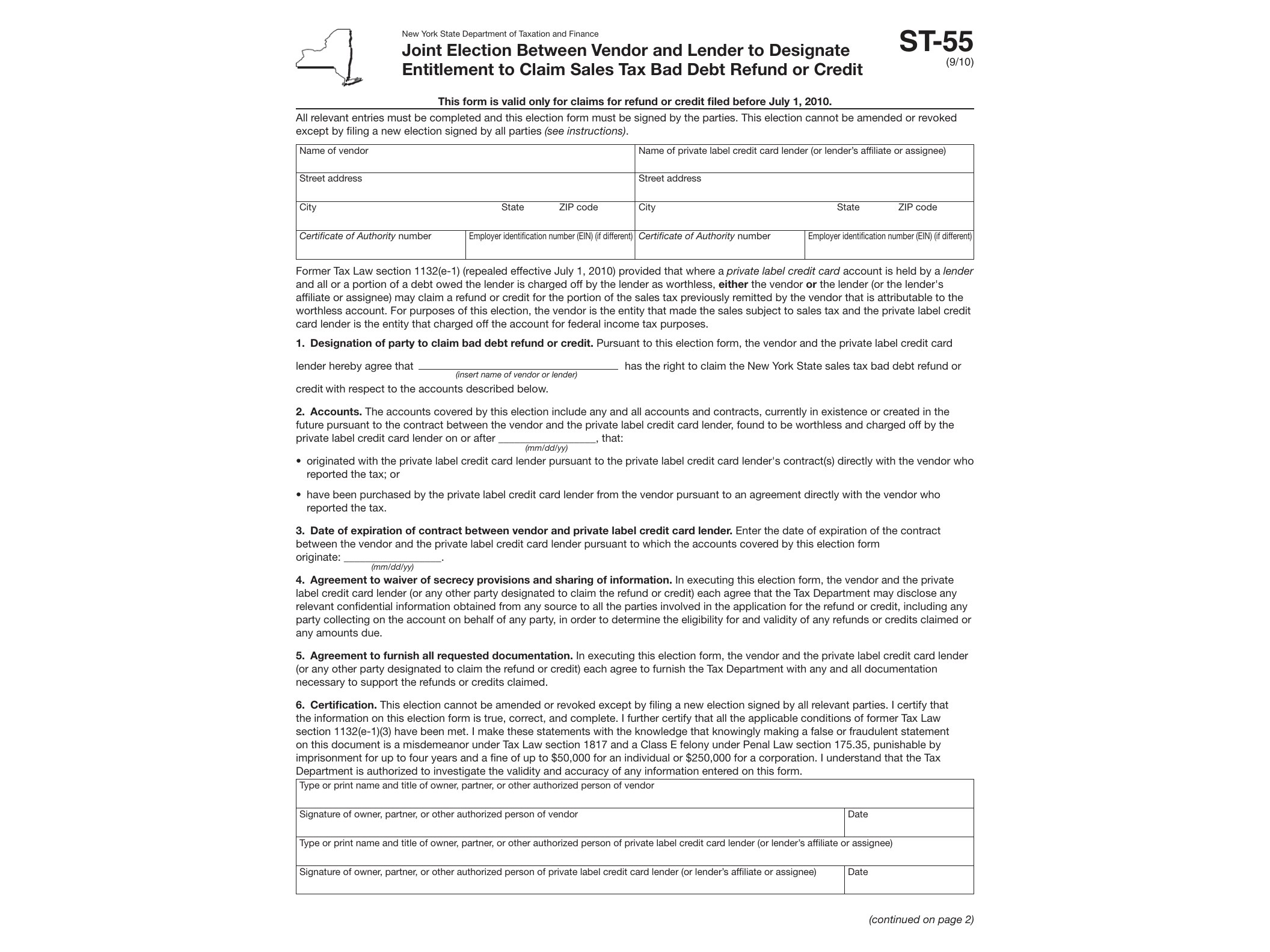 ST55 Form ST-55:9/10: Joint Election Between Vendor and Lender to Designate Entitlement to Claim Sales Tax Bad Debt Refund or Credit, st55 - official form preview, page 1