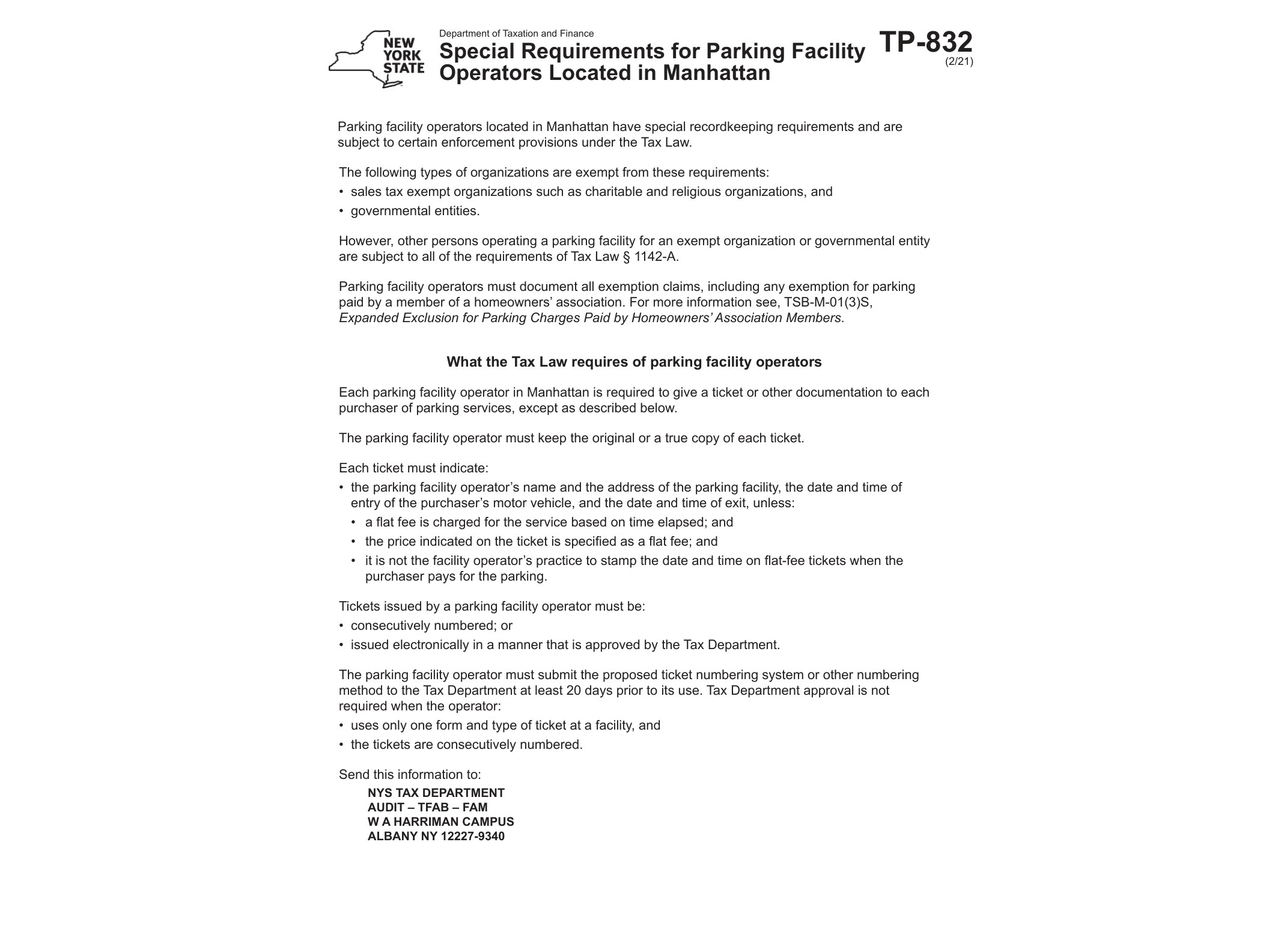 TP832 Form TP-832 Special Requirements for Parking Facility Operators Located in Manhattan Revised 2/21 - official form preview, page 1